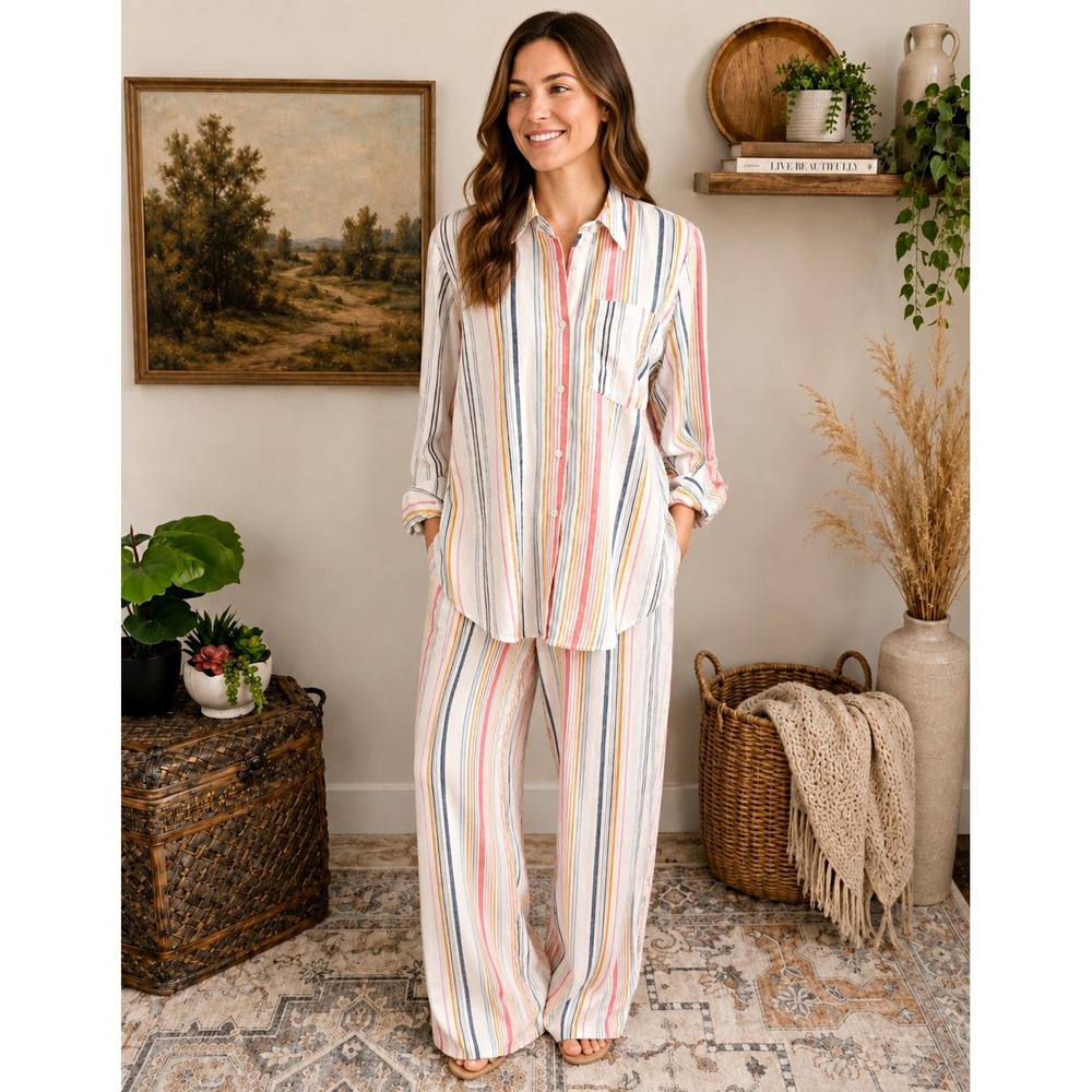 Cato Women's Striped Rayon Linen Blend 2 Pc Set Shirt S Pants M Coastal